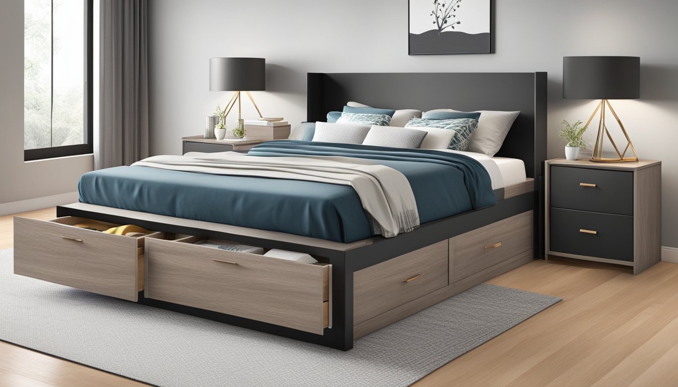A queen bed frame with built-in storage, featuring a sleek, modern design and durable construction. The frame is elevated off the ground, with multiple drawers underneath for convenient storage