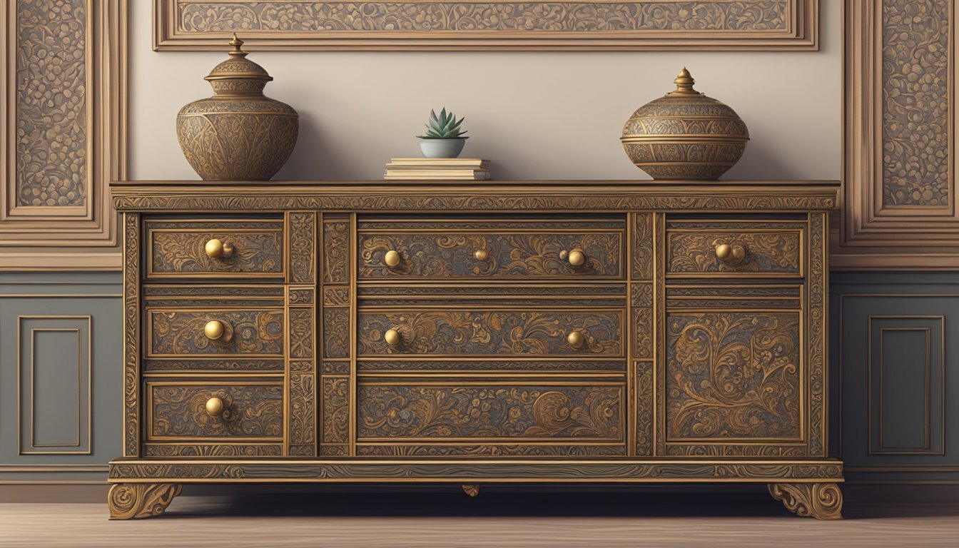 A wooden chest of drawers sits against a wall, with brass handles and intricate carvings