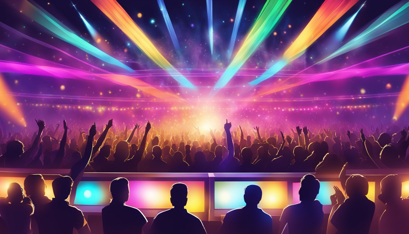 A vibrant concert stage with colorful lights and a pulsating crowd, amplifying the energy of the music