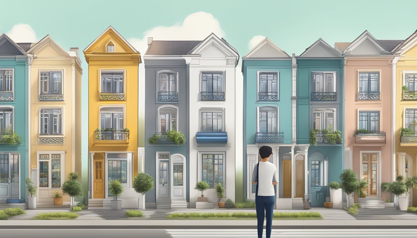 A homeowner stands in front of a row of renovation company logos, pondering and selecting the best team for their dream renovation project in Singapore