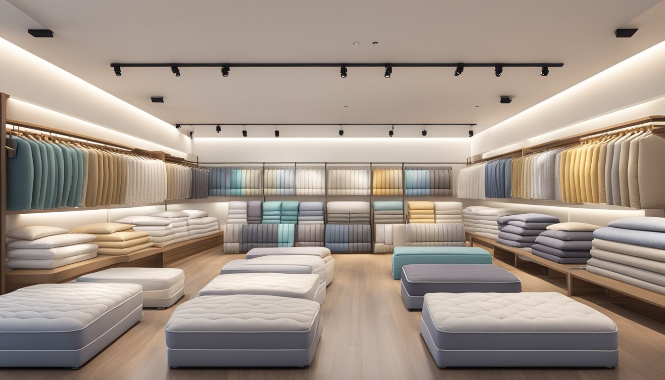 A brightly lit mattress showroom in Singapore, with rows of neatly displayed mattresses in various sizes and colors, surrounded by comfortable pillows and soft bedding accessories