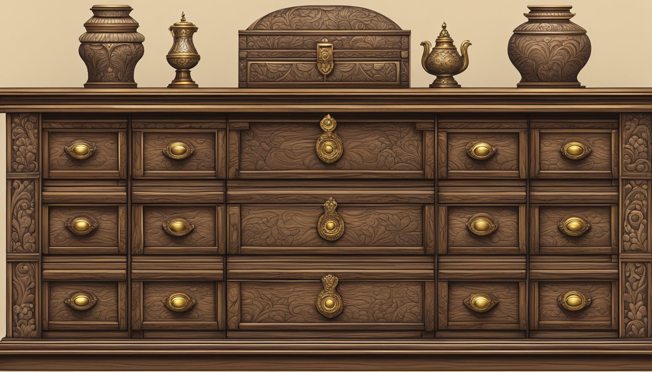 A wooden chest of drawers stands against a rustic backdrop, adorned with intricate carvings and brass hardware