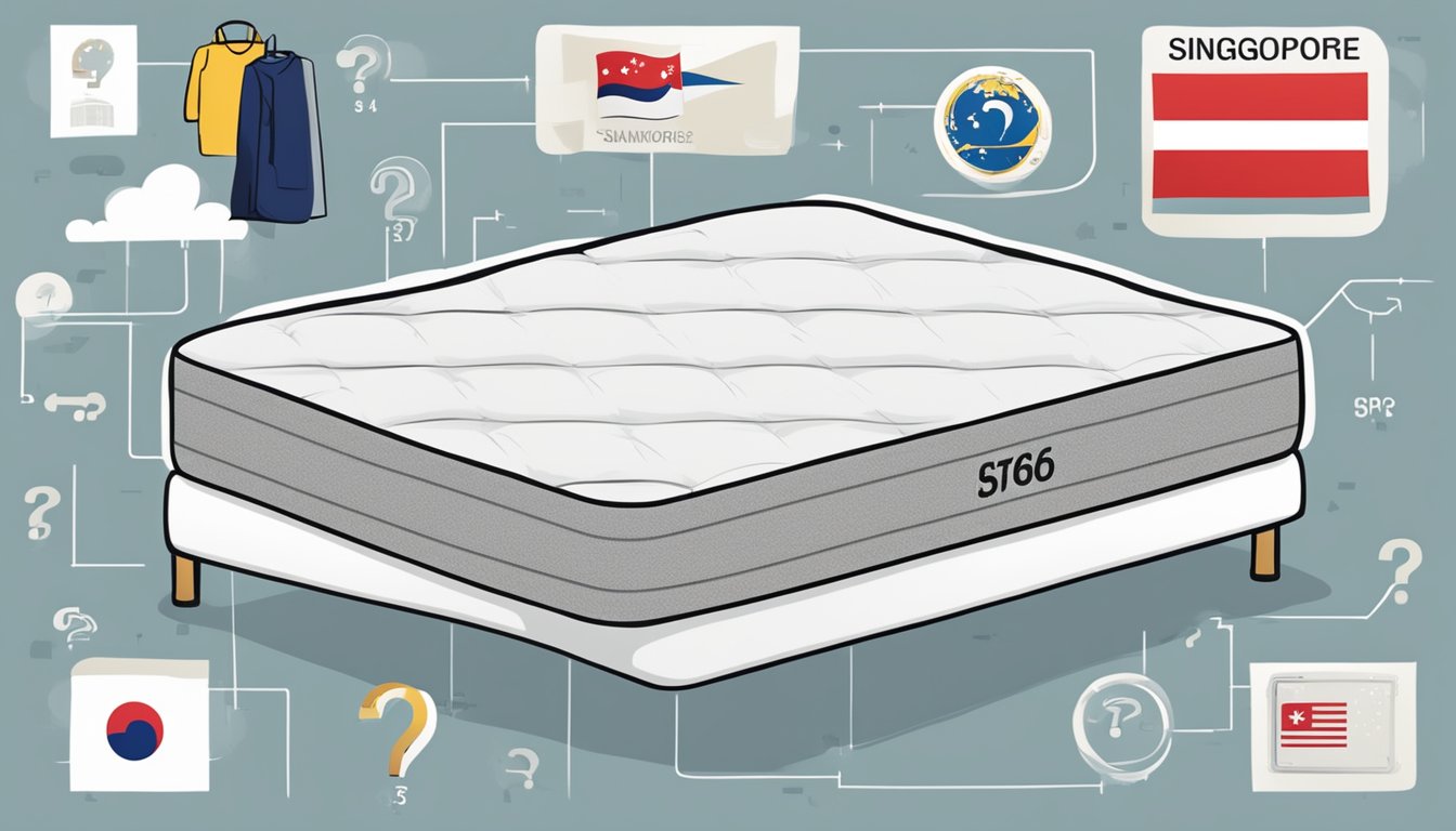 A single mattress with dimensions labeled, surrounded by question marks and a Singaporean flag in the background