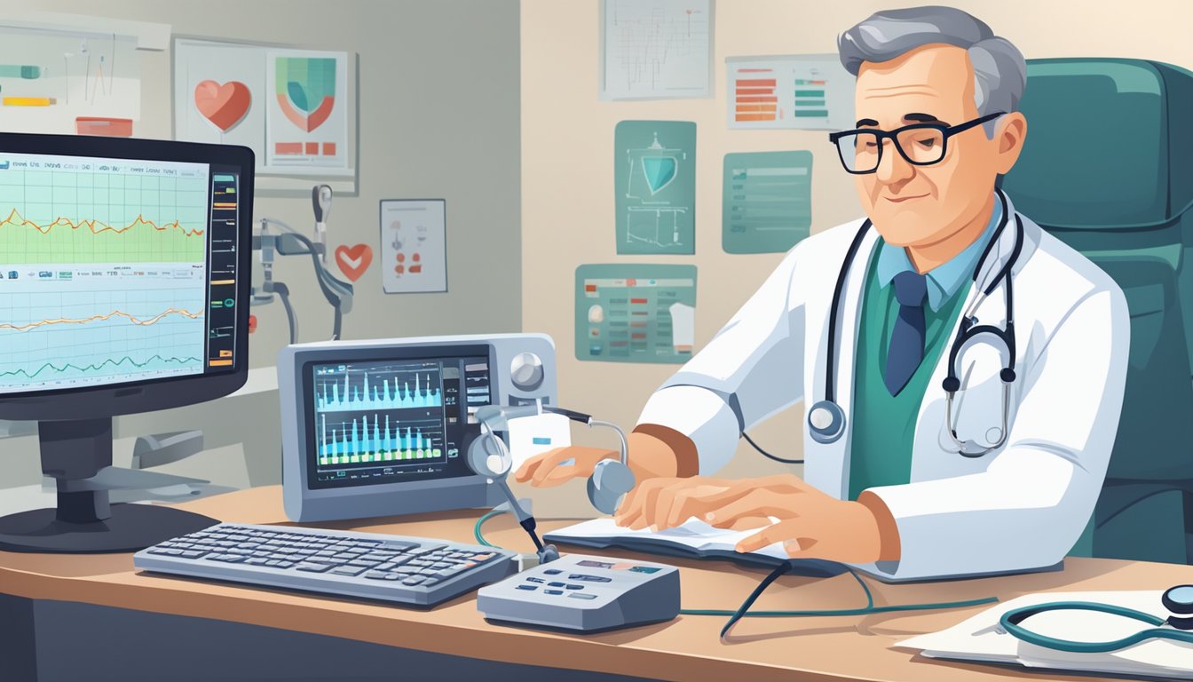 A doctor examines a heart monitor, surrounded by medical equipment and charts