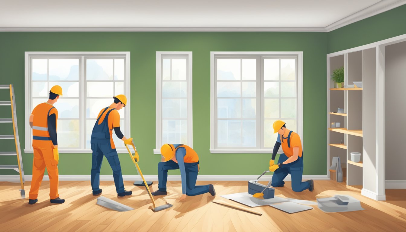 A team of workers renovating a home, painting walls, installing new fixtures, and laying down new flooring, creating a fresh and modern living space