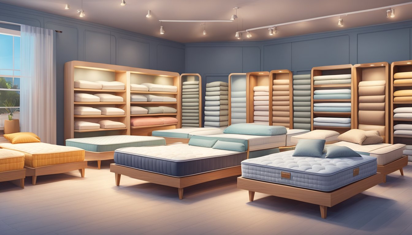 A cozy mattress shop with various options displayed neatly. Bright lighting and comfortable seating for customers to try out different mattresses