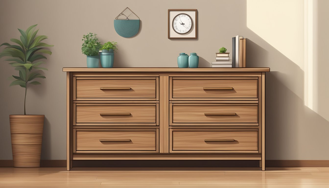 A sturdy wooden chest of drawers stands against a wall, its rich grain and durable construction evident in the clean lines and smooth finish