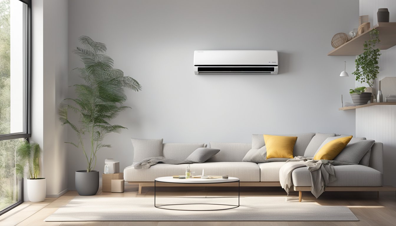 An LG air conditioner mounted on a white wall, with cool air blowing out and the temperature display showing a comfortable setting