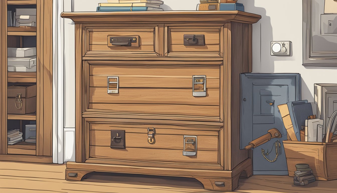 A wooden chest of drawers with "Frequently Asked Questions" printed on the front. Items are neatly organized inside, and the drawers are slightly ajar