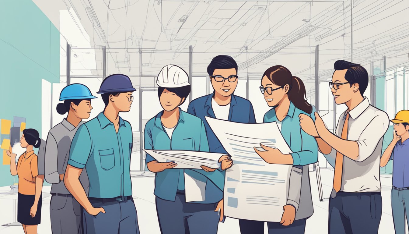 A group of people seeking renovation services in Singapore, looking at a list of frequently asked questions on a company's website