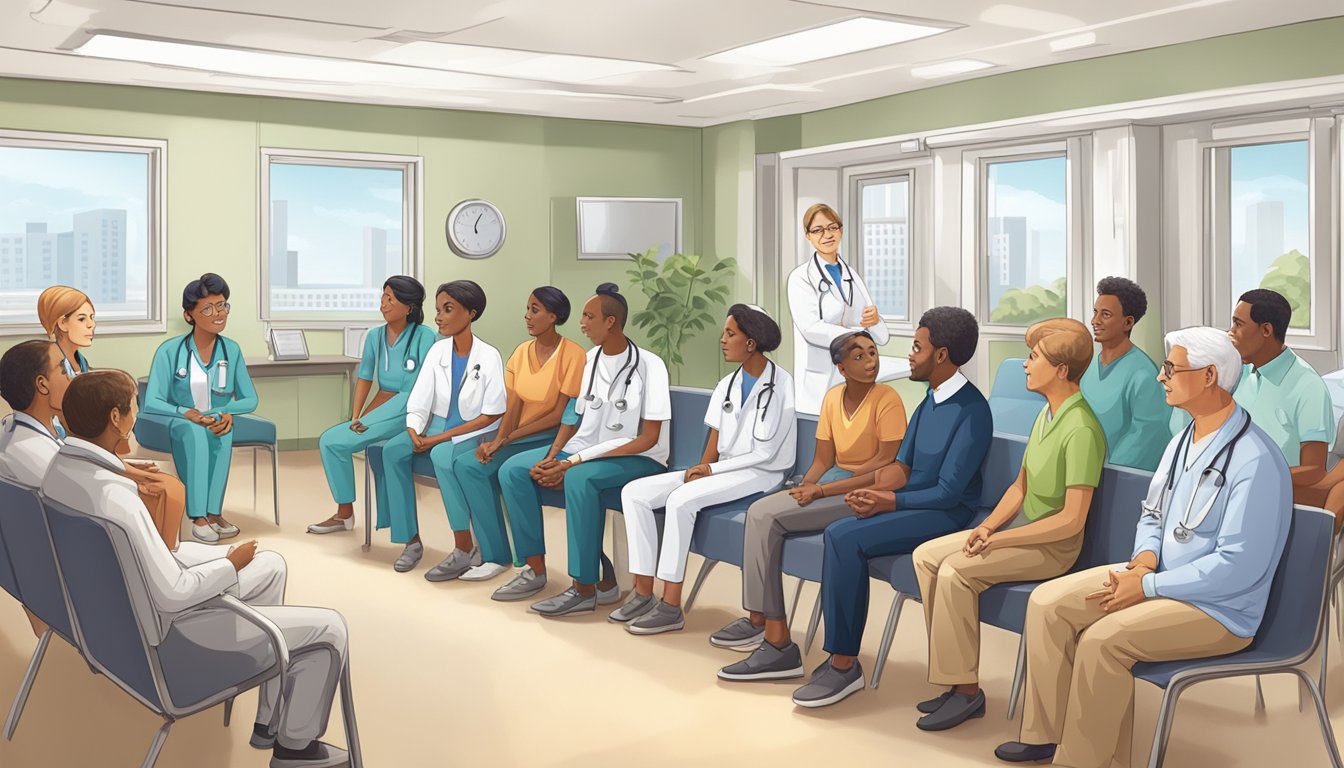 A doctor explaining cardiology FAQs to a group of attentive patients in a hospital waiting room