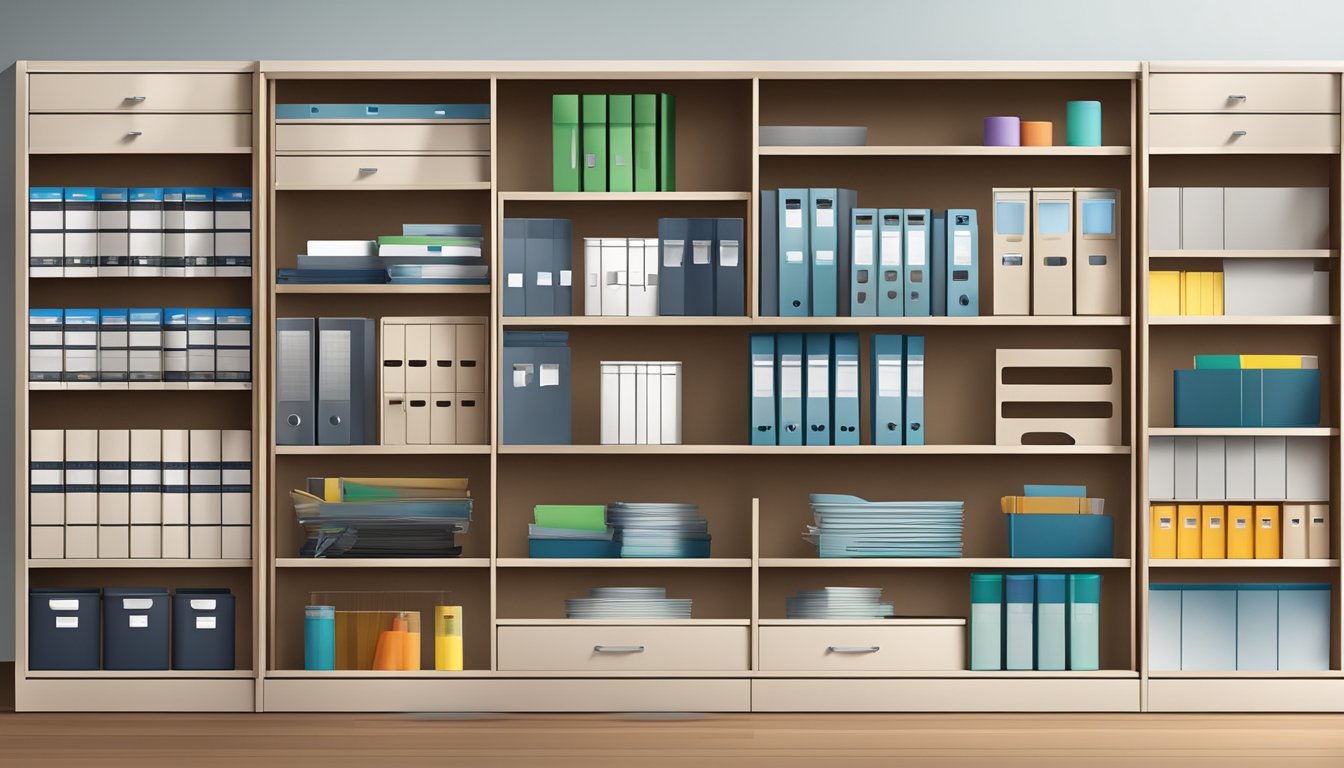 A sleek office cabinet with adjustable shelves and sliding doors, neatly organizing files and supplies