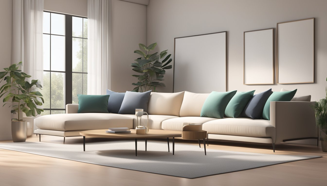 A sleek, modern sofa in a minimalist living room, with clean lines and neutral colors, set against a backdrop of minimalist decor