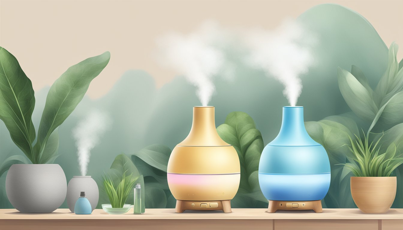 A humidifier and an oil diffuser sit side by side, emitting gentle streams of moisture and fragrant essential oils into the air