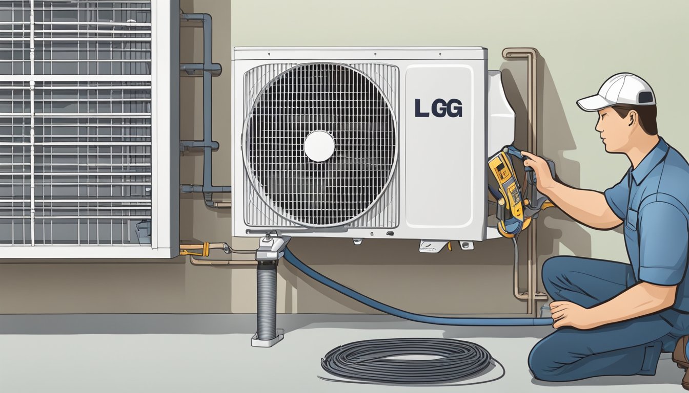 An LG air conditioner being installed and maintained by a technician