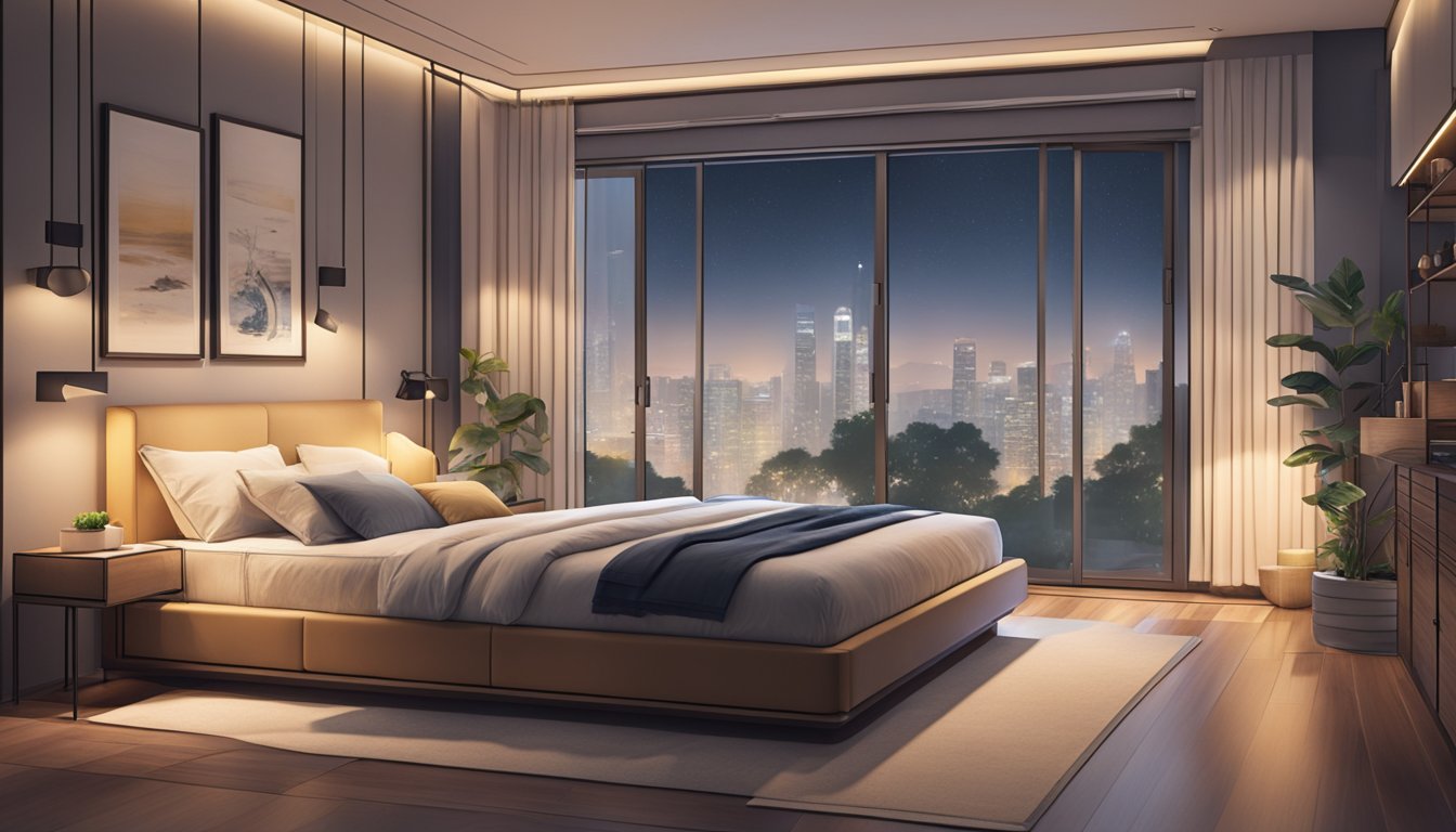 A double decker bed in a cozy Singaporean bedroom, with sleek modern design and soft lighting