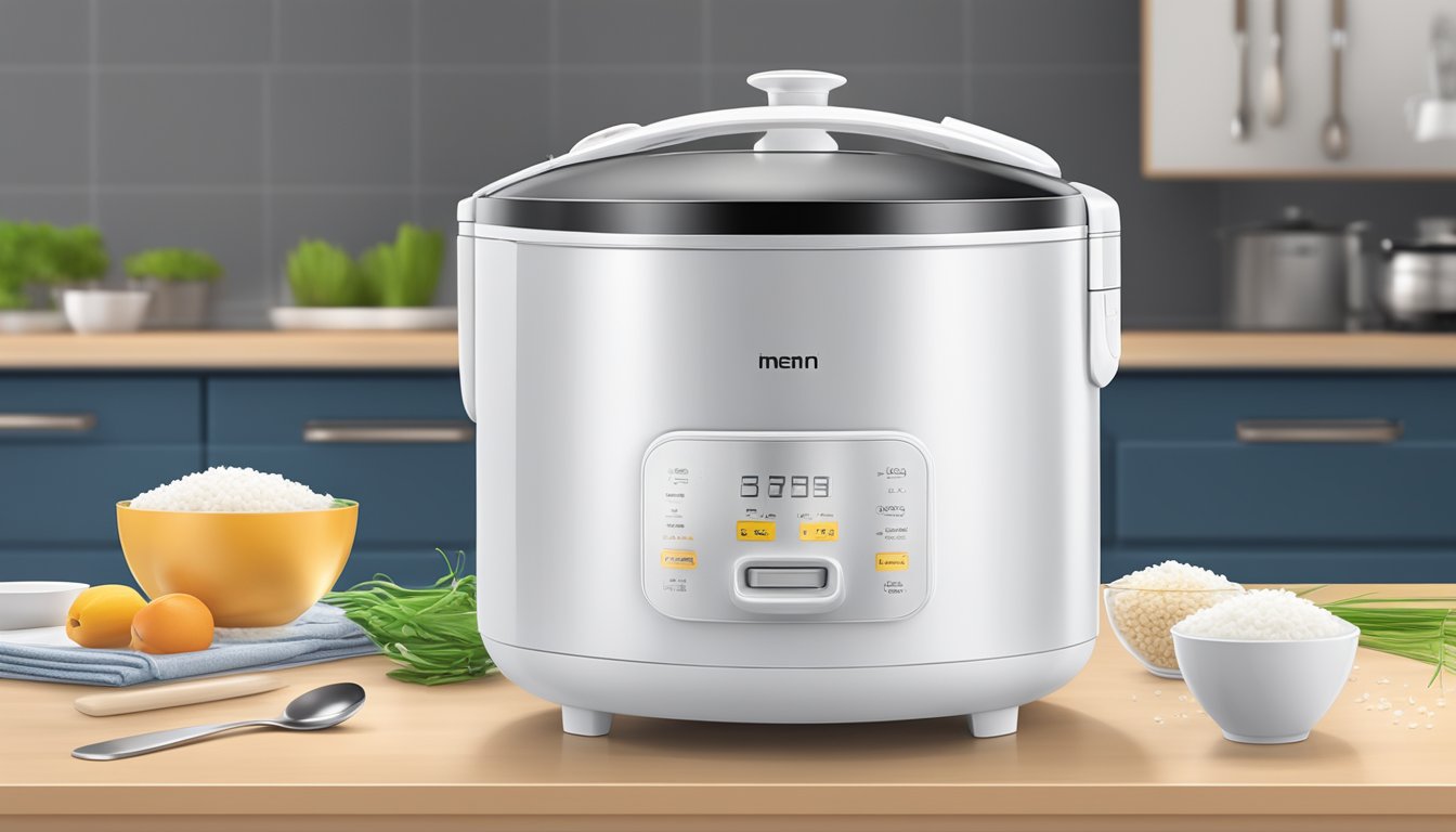 A sleek, modern rice cooker sits on a clean kitchen counter, steam escaping from the top as fluffy white rice fills the transparent lid