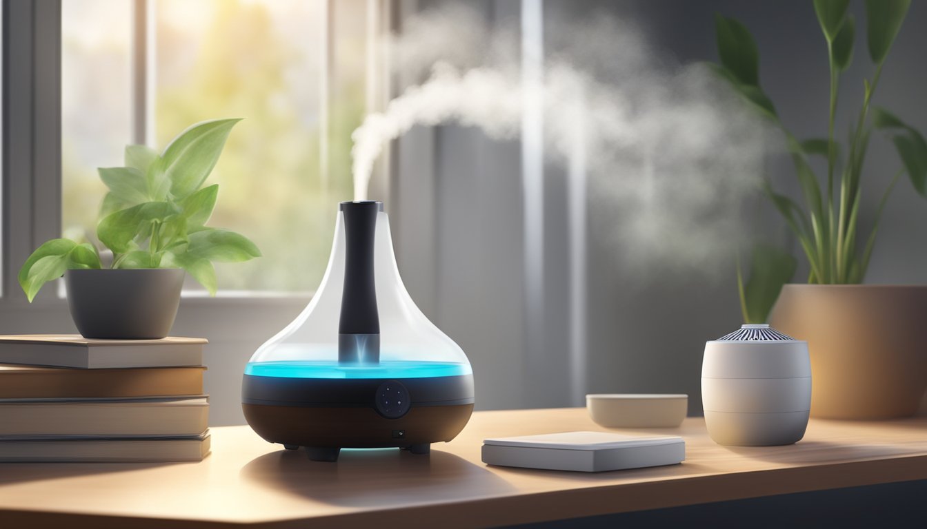 A humidifier releases water vapor into the air. An oil diffuser disperses essential oils for aromatherapy. Both devices are placed on a flat surface, emitting mist or fragrance