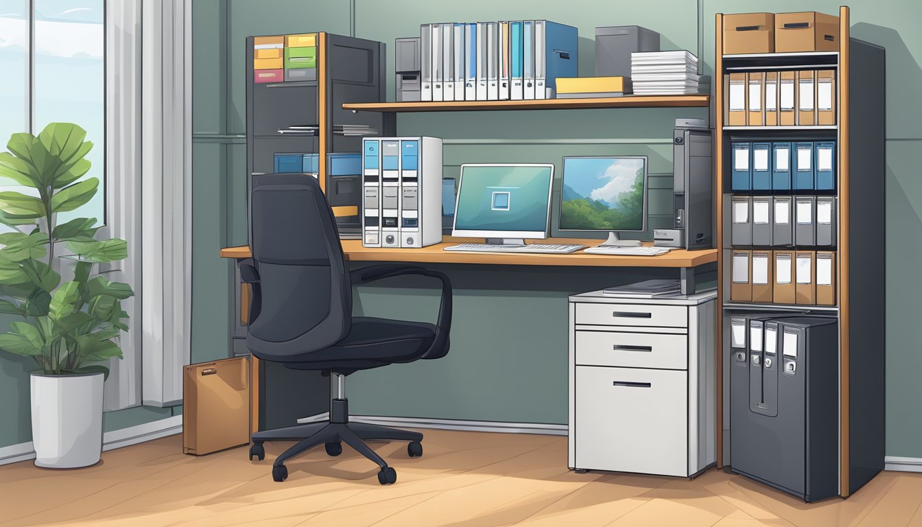 A neatly organized office cabinet with labeled folders and files. A computer and printer sit on the desk next to the cabinet