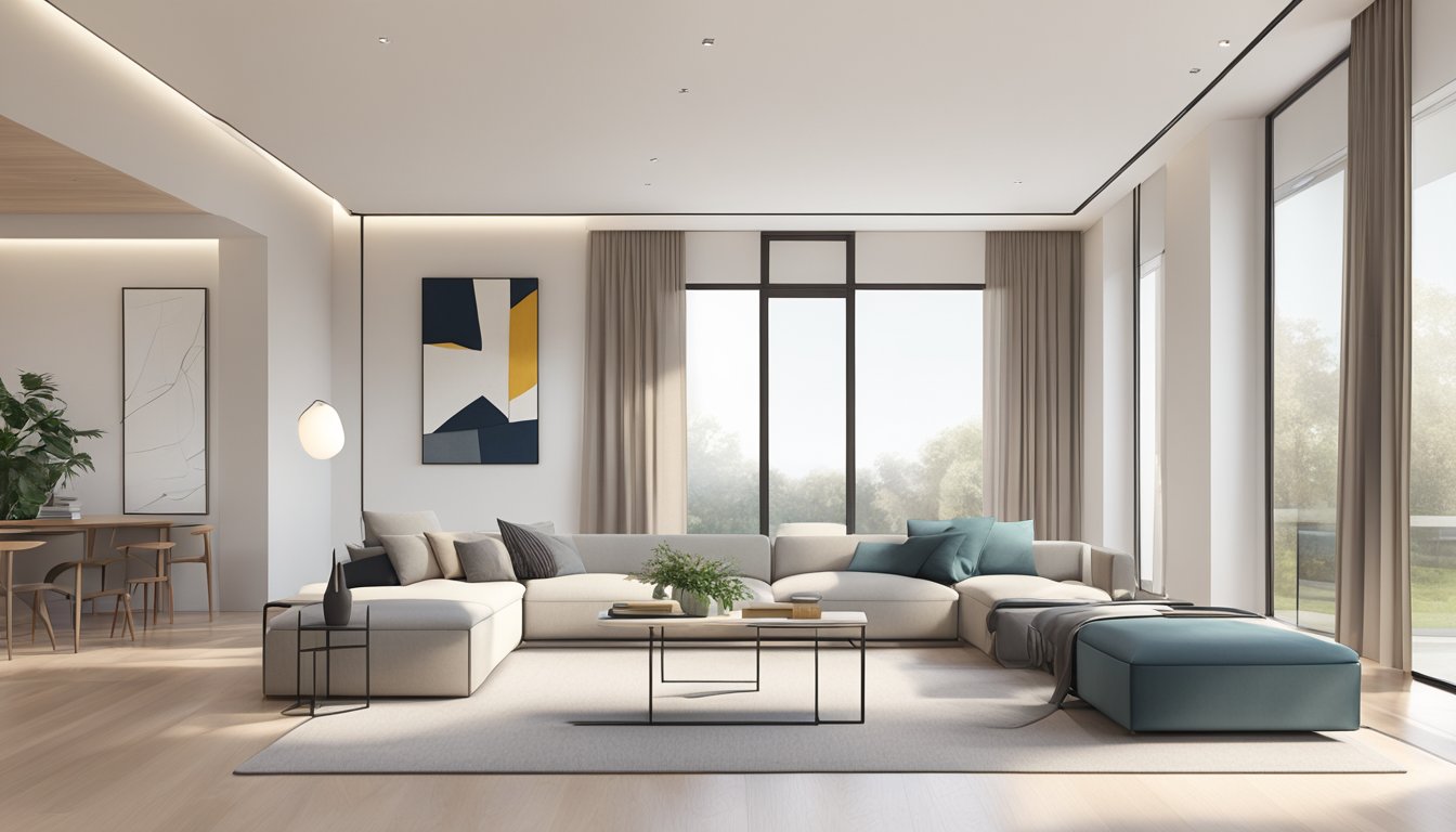 A sleek, minimalist living room with clean lines, neutral colors, and modern furniture. Large windows let in natural light, and abstract art adorns the walls