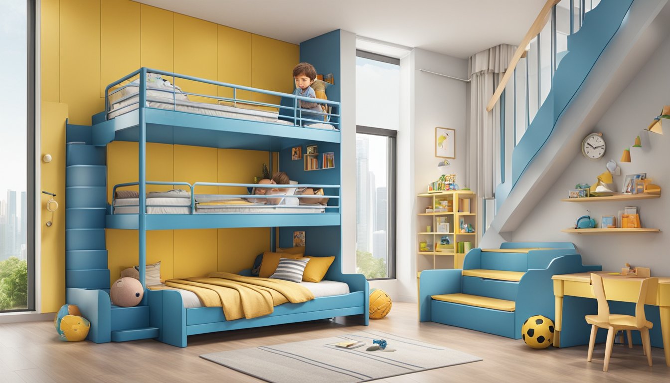 Two children climb up and down different double decker bed options in a spacious showroom in Singapore