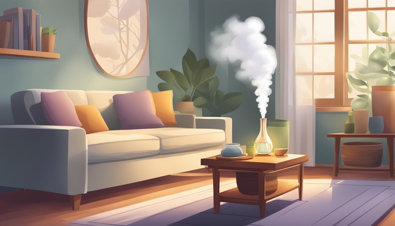 A cozy living room with a humidifier on a side table and an oil diffuser on a shelf, both emitting gentle mist into the air