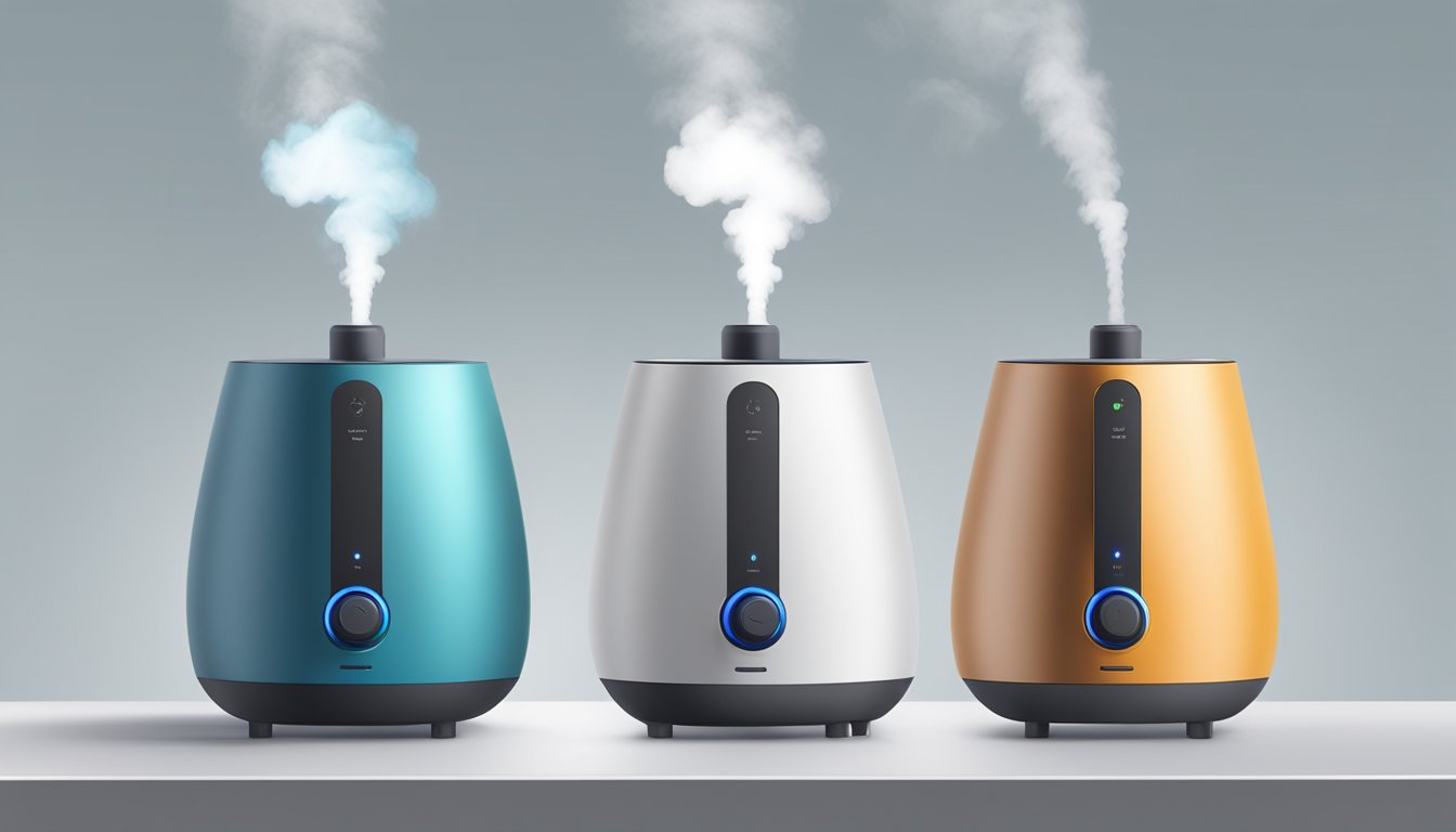 A humidifier and oil diffuser stand side by side, emitting steam and fragrant mist. A question mark hovers between them, symbolizing the confusion between the two devices