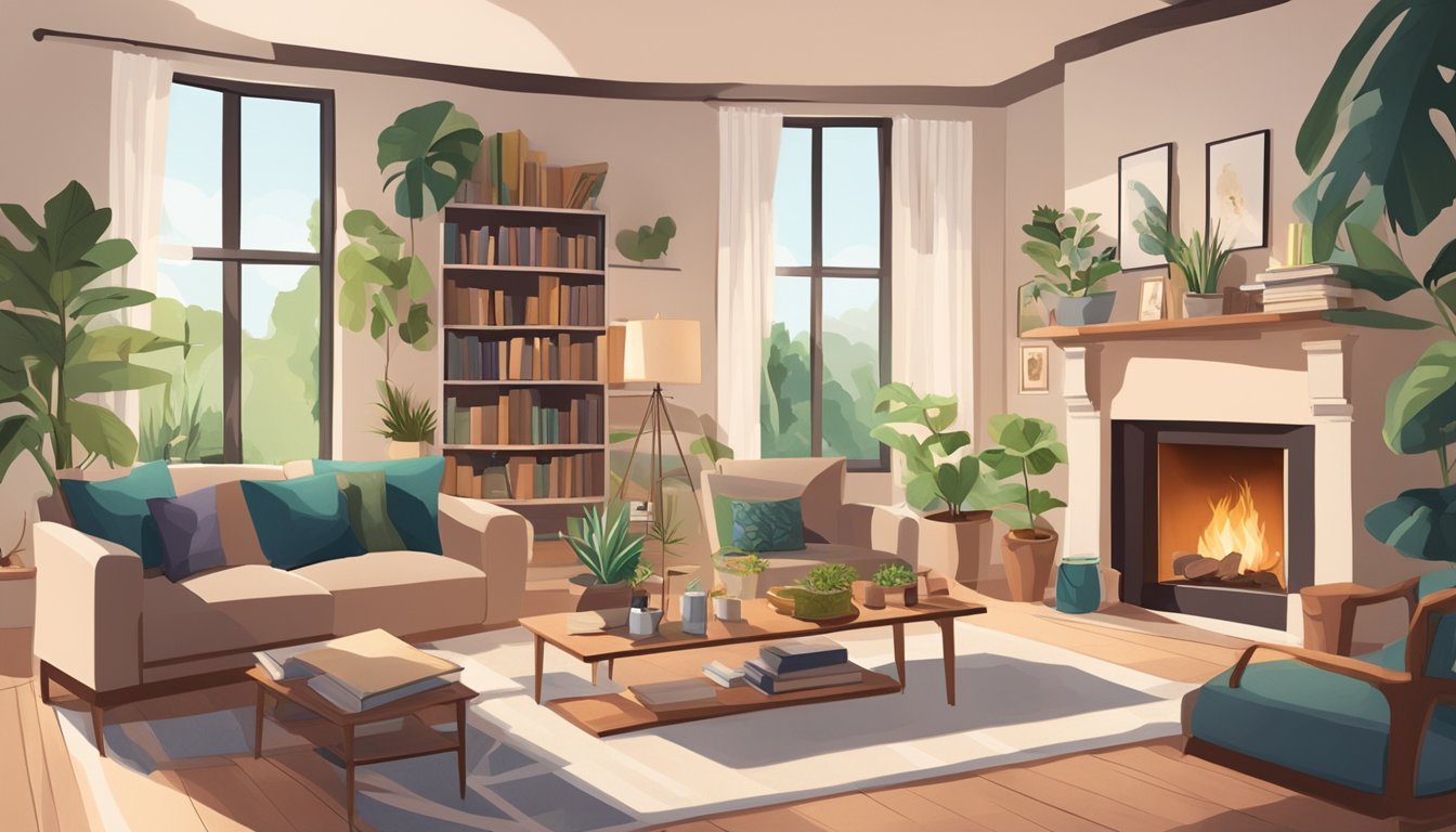 A cozy living room with a large, comfortable sofa, a warm fireplace, and shelves filled with books and decorative items. The room is bathed in natural light from a large window, and there are plants scattered throughout the space