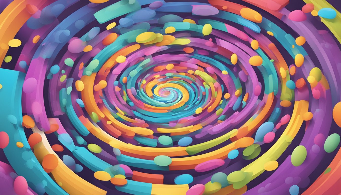 A colorful, swirling vortex of questions and answers, with thought bubbles floating around it
