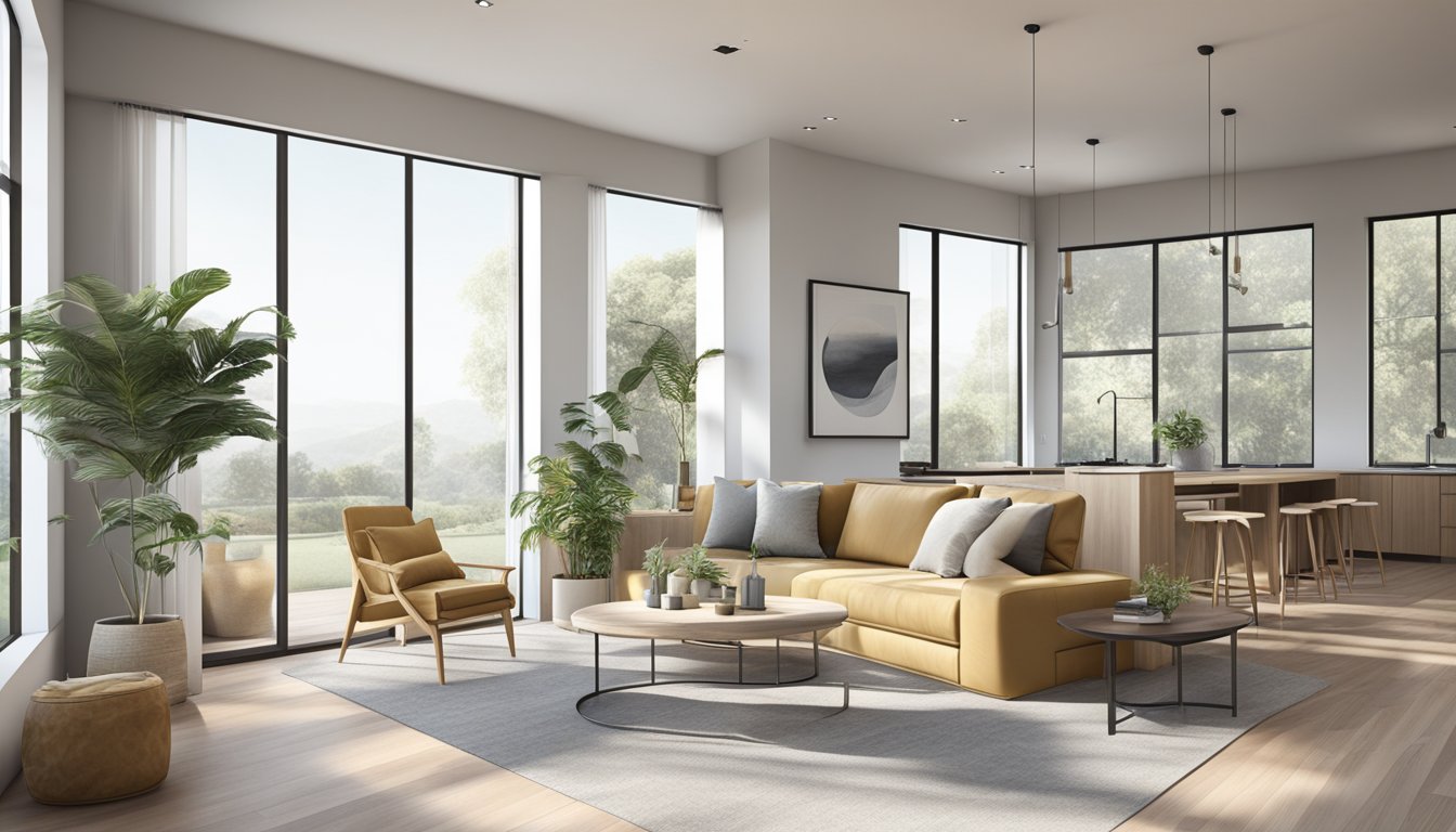 Clean lines, minimalistic furniture, and neutral colors define the modern contemporary design. A spacious, open-concept living area with large windows and natural light