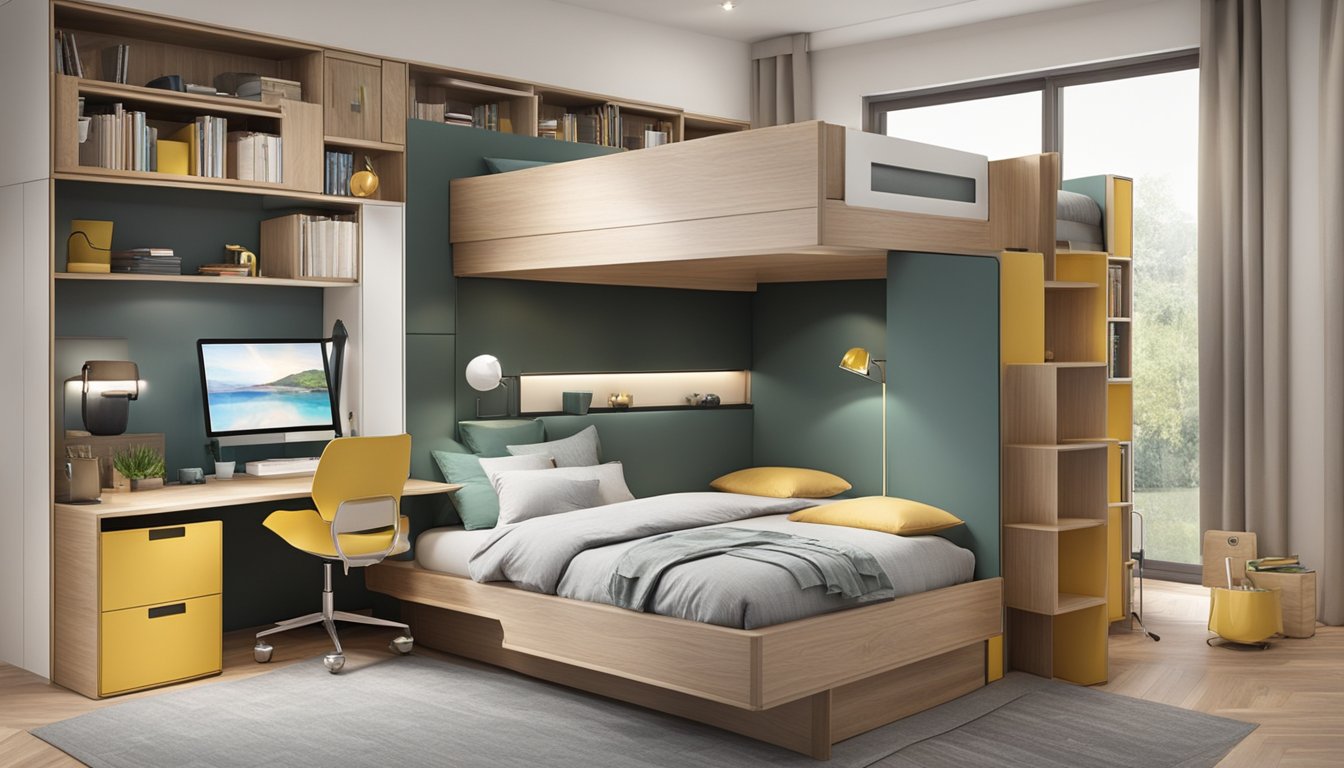 A double decker bed is placed in a spacious bedroom with a sleek design. Functional add-ons such as built-in storage compartments and a pull-out desk are incorporated to maximize space and functionality