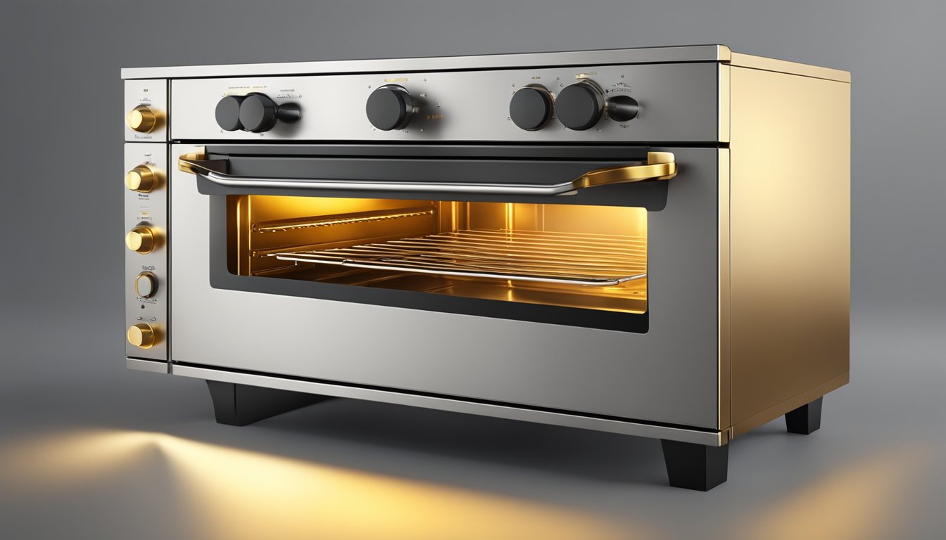 A gleaming stainless steel oven with multiple shelves and digital controls, emitting a warm golden glow from its interior