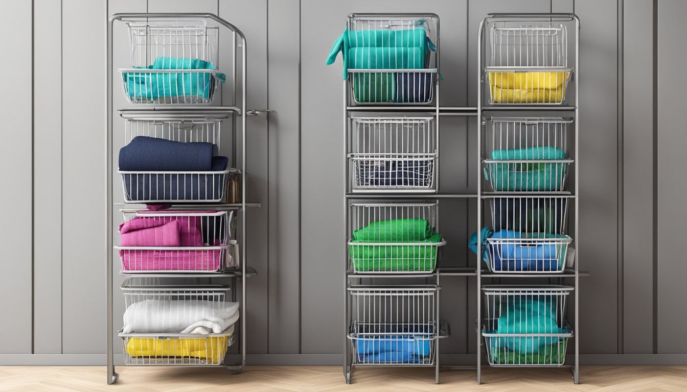 A laundry basket rack stands against the wall, with multiple baskets neatly stacked on top of each other. The metal frame is sturdy and holds the weight of the baskets