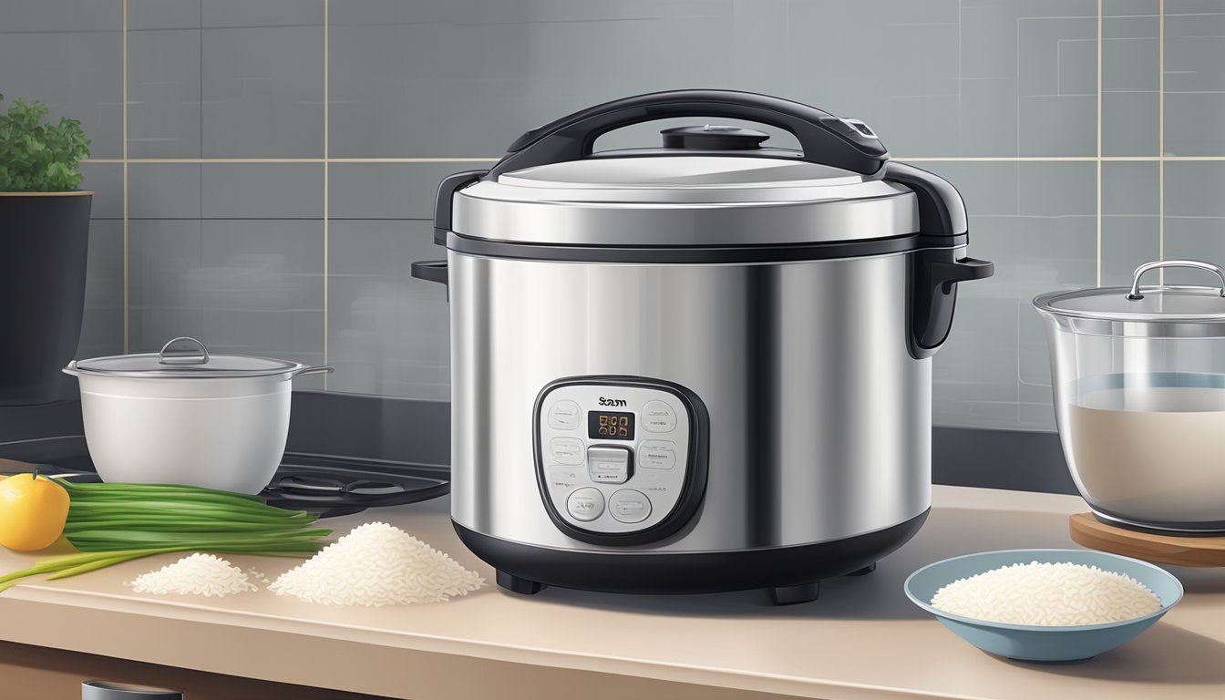 A modern kitchen with a sleek, stainless steel rice cooker sitting on the countertop. Steam gently rises from the top as fluffy white rice cooks inside