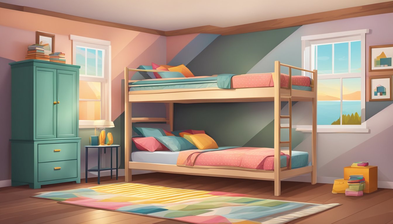 A double decker bed in a cozy bedroom, with a ladder leading to the top bunk. Brightly colored bedding and a small nightstand with a lamp