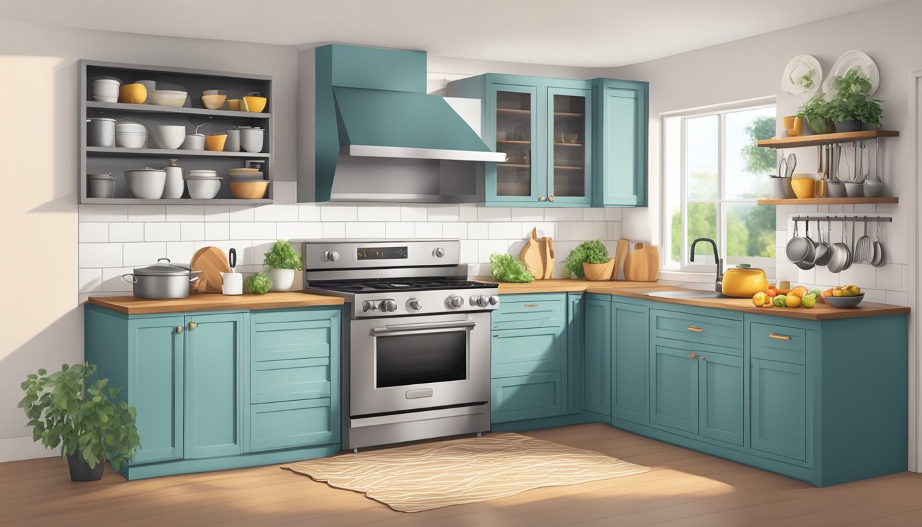 A modern kitchen with a sleek, stainless steel oven, surrounded by various cooking utensils and ingredients. The oven is the focal point of the scene