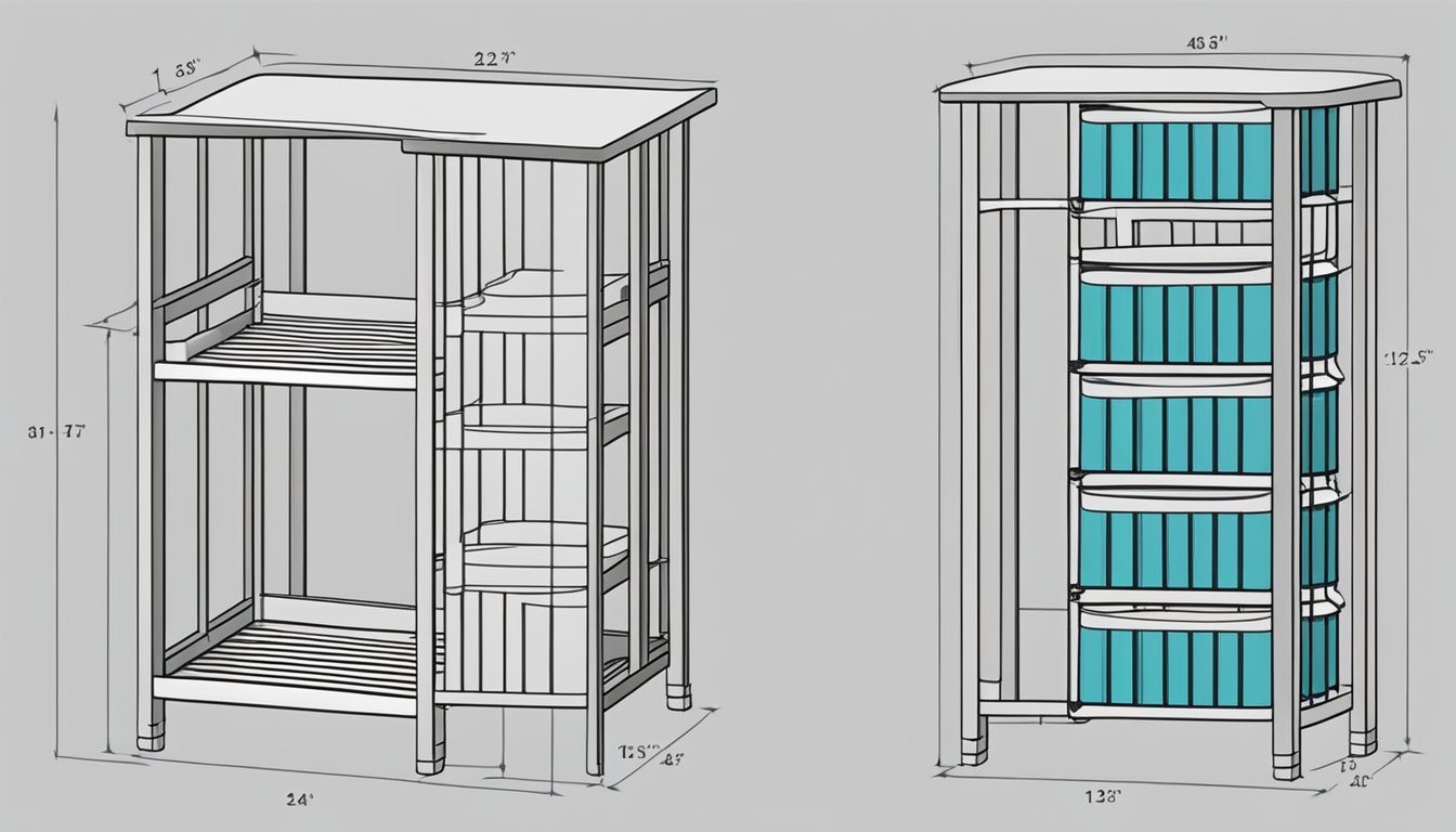 A laundry basket rack stands tall, with multiple shelves for organizing and storing baskets. Its sturdy frame and sleek design make it a practical and stylish addition to any laundry room