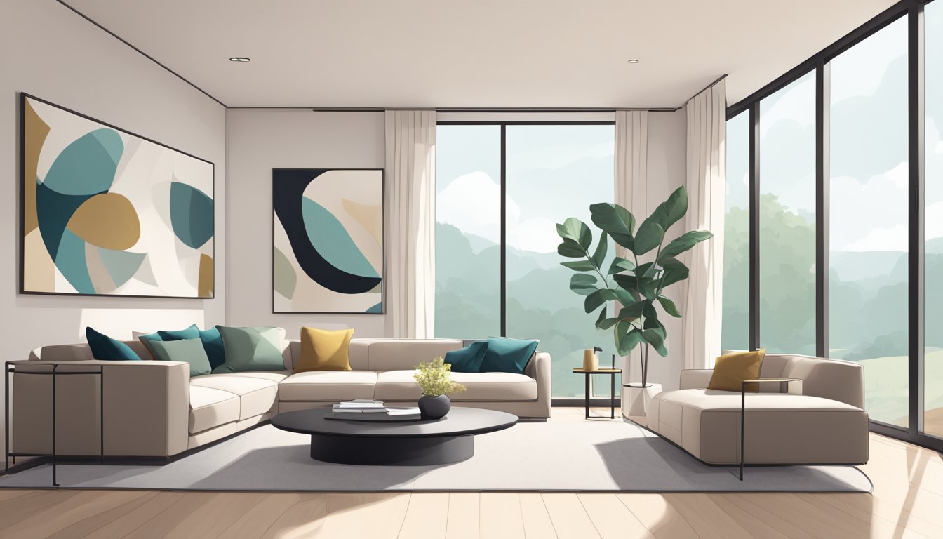 A sleek, minimalist living room with clean lines, neutral colors, and a pop of bold, abstract art on the wall. A large window lets in natural light, highlighting the modern decor