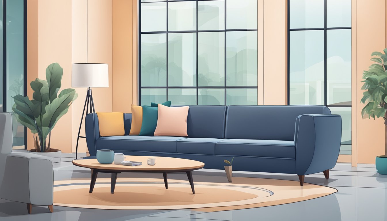 A person carefully chooses a sleek, simple sofa in a modern showroom