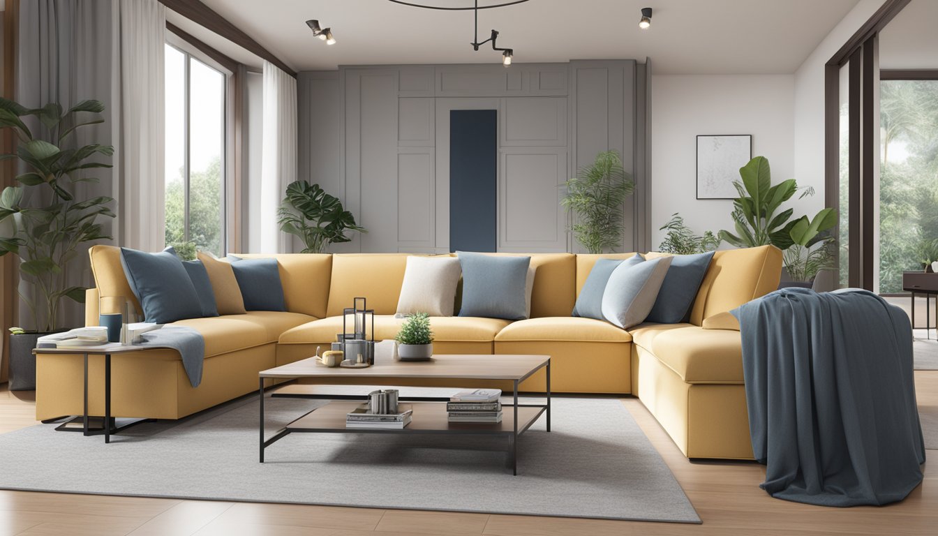 A modern storage sofa in a Singapore living room, with sleek design and hidden compartments for organization