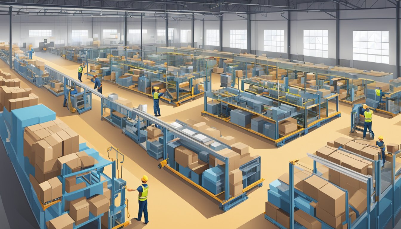 A bustling furniture factory with workers assembling and packaging products, while others operate machinery and forklifts in a spacious warehouse