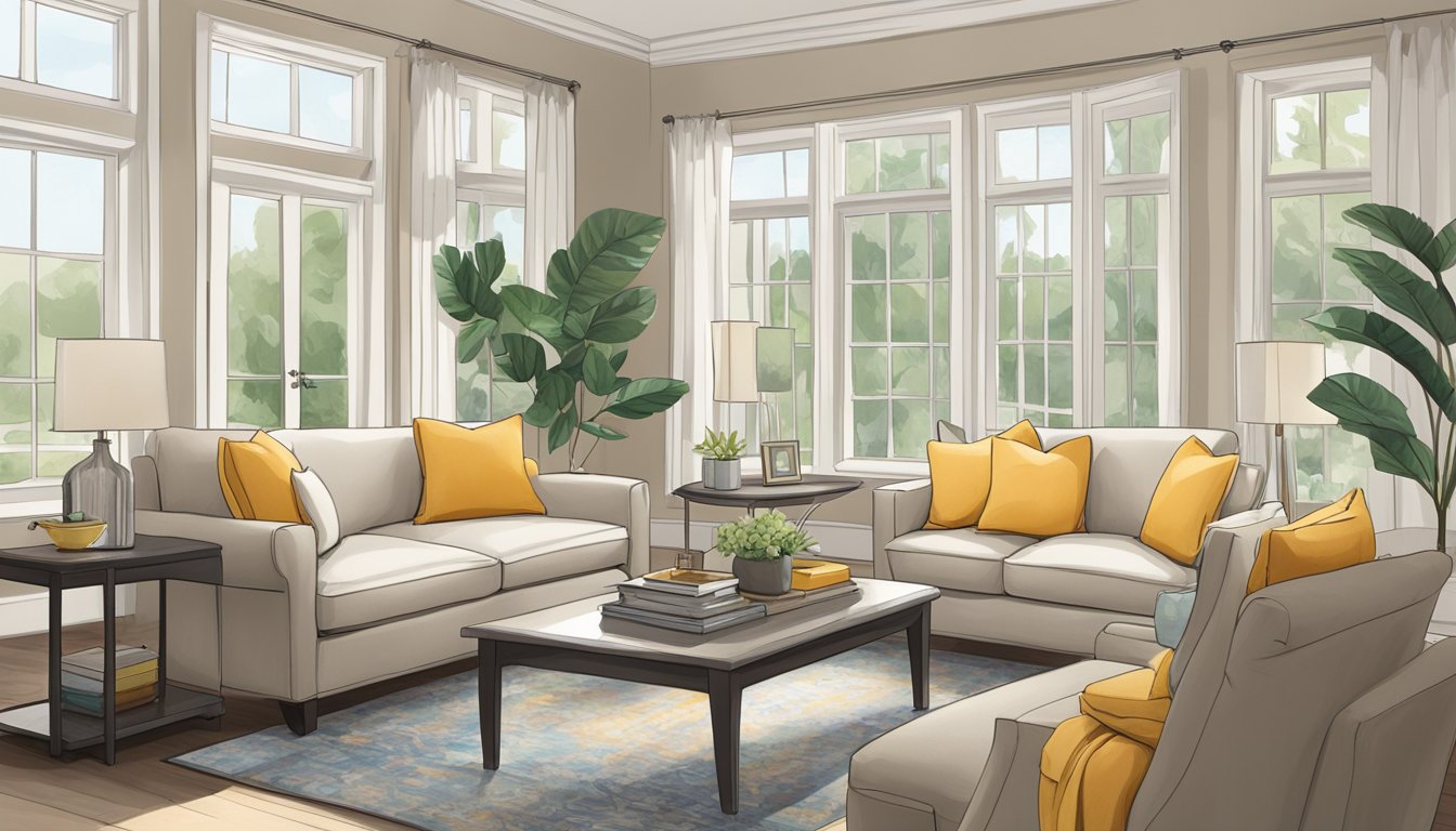 A cozy living room sofa sits by a large window, bathed in soft natural light. A plump throw pillow adds a pop of color to the neutral upholstery