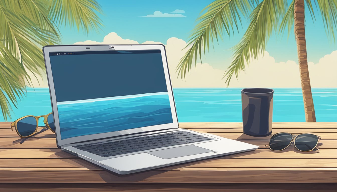 A laptop sits on a rustic wooden table with a passport, map, and sunglasses nearby. The backdrop is a serene beach with palm trees and a clear blue sky