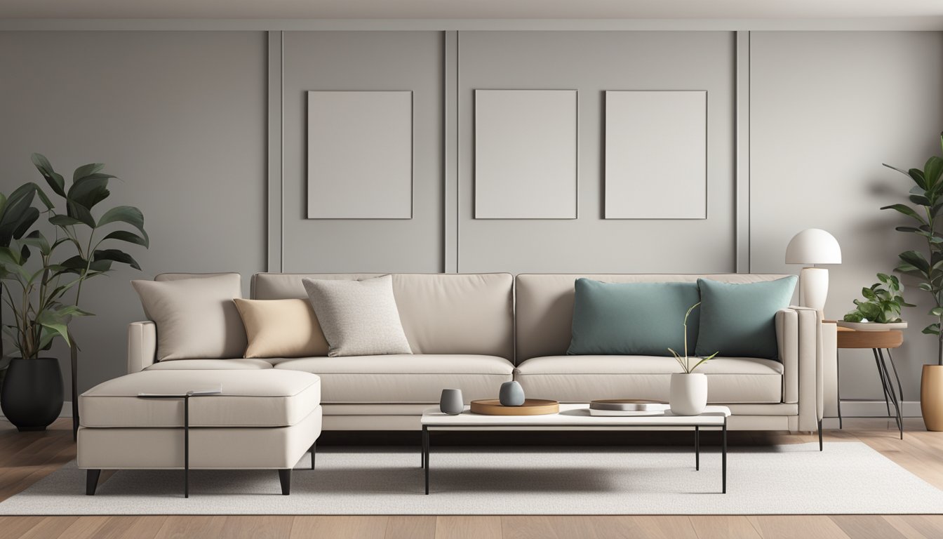 A sleek, modern sofa in a minimalist living room setting with clean lines and neutral colors
