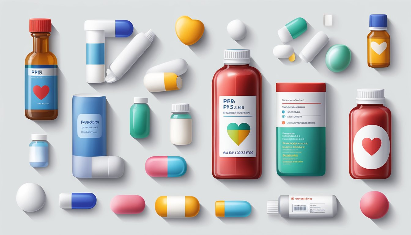 A bottle of PPIs and a selection of cardiac medications arranged on a clean, white surface