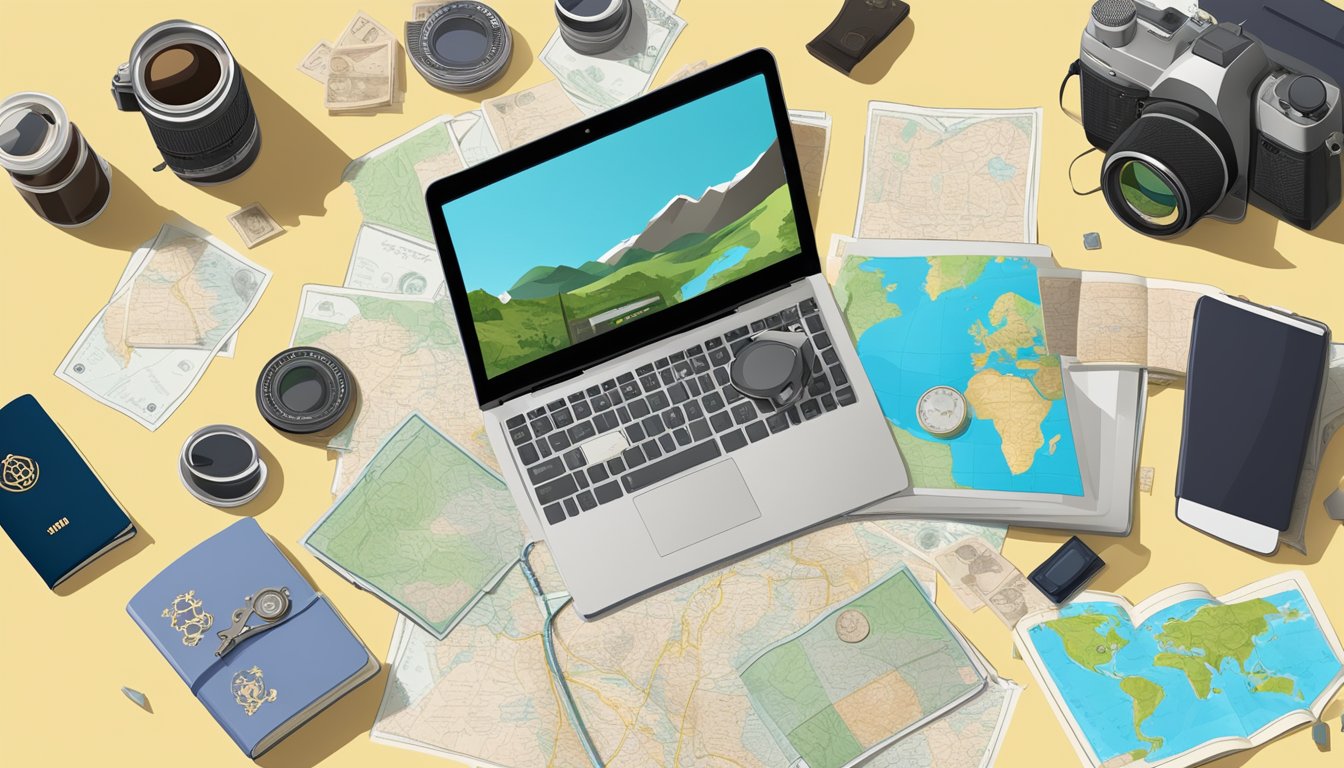 A laptop with travel photos, a map, and a passport on a table, surrounded by a journal, camera, and money