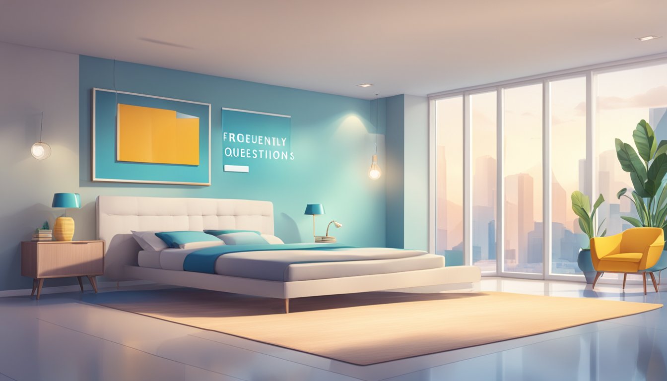 A modern, clean room with a large sign reading "Frequently Asked Questions" and contemporary decor