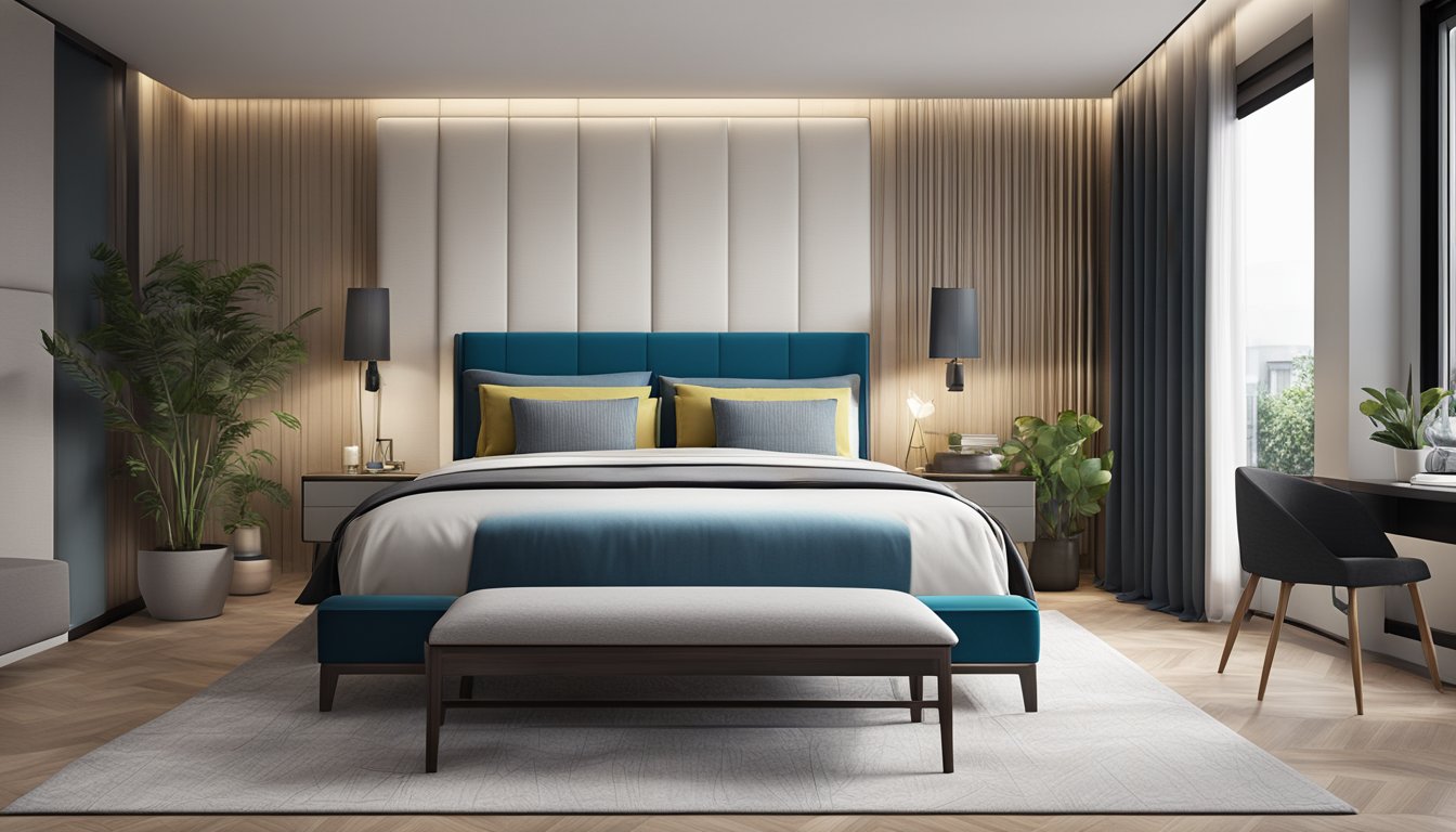 A sleek, modern upholstered bed frame in a stylish bedroom setting in Singapore