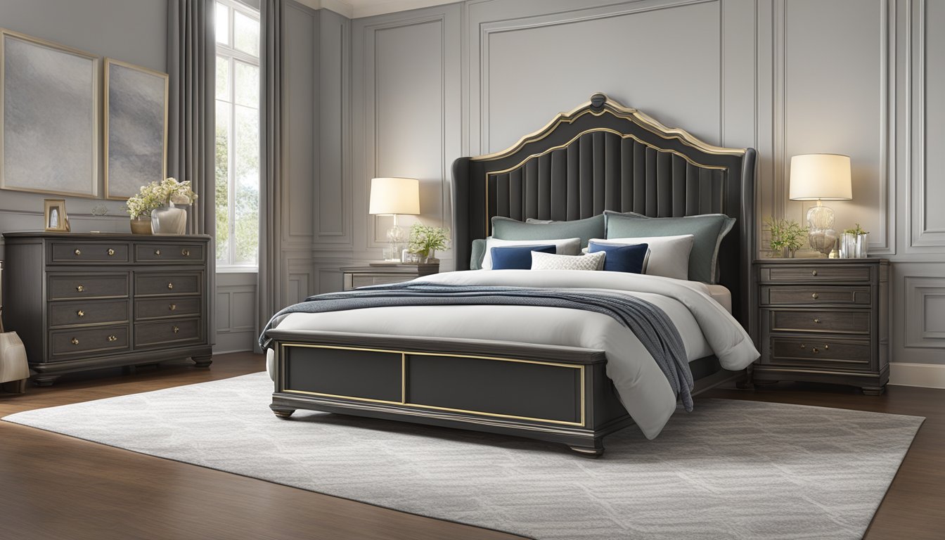 A bed with a tall headboard, towering above the mattress, creating a sense of height and grandeur