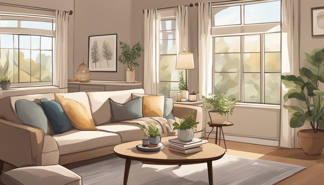 A cozy living room with a plush, neutral-colored sofa, adorned with soft throw pillows and a warm, inviting blanket. The room is bathed in natural light, with a coffee table and a few decorative accents completing the scene